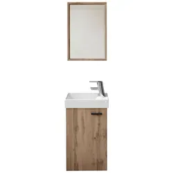 AMY Waschbecken mit Unterschrank und Spiegel in Wildeiche Optik - Komplettprogramm für Badezimmer, stilvolles Set mit zeitloser Gestaltung und einfacher Montage – perfekt für Ihr Gäste-WC.