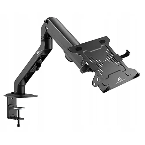 Maclean MC-906+MC-764 Laptop Halterung – Höhenverstellbar und Schwenkbar - Praktische Laptop Halterung für eine bessere Ergonomie im Büro oder Zuhause. Mit stabilem Doppelarm und Kabelmanagement für mehr Ordnung. Geeignet für Laptops von 23 bis 42 cm, einfache Montage ohne Bohren.
