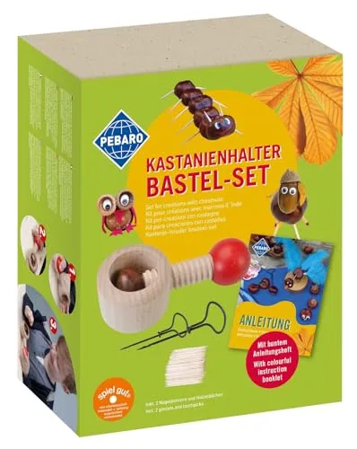 Pebaro Set Kastanienbohrer 5 Kastanien Bastelset, Kastanienhalter, 2 Kastanienbohrer/Nagelbohrer, ausführliche Anleitung, Löcher in Kastenien Bohren, für Kindern, inkl. 190 Zahnstocher