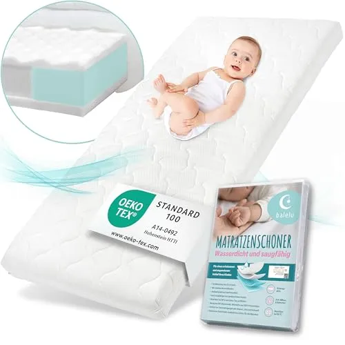 Sun Garden Babymatratze, Kindermatratze 70x140 cm mit Trittkante + Matratzenschoner, Oeko Tex 100 Zertifiziert, Baby Matratze für Babybett, Kinderbett oder Reisebett, Bezug bis 60°C Grad waschbar