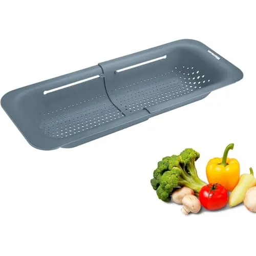 Westmark Abtropfsieb für Spülbecken – Ausziehbares Sieb zum Abtropfen von Obst, Gemüse & Geschirr – Praktische Abtropfschale – Schwarz, 36-49 cm
