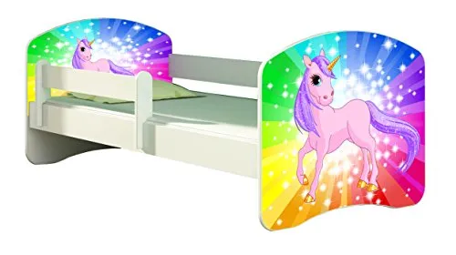 ACMA II Kinderbett mit Schublade und Matratze – Regenbogen Pony Design 160x80 cm