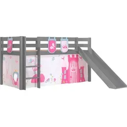 Kinderbett Karolina mit Rutsche in Grau – Massivholz und Textilset - Modernes Kinderbett mit Rutsche aus massivem Kiefernholz. Die Liegefläche von 90x200 cm bietet Platz zum Spielen und Schlafen. Inkl. Textilset 'Princes' für zusätzlichen Komfort.