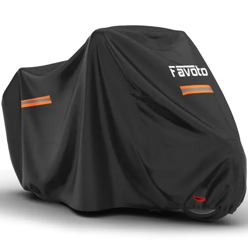 Favoto Motorradabdeckung Outdoor XXL Wasserdicht Abdeckplane Motorrad Schutzhülle Abdeckung draußen Staubdicht Wetterfest mit Reflektionsstreifen Schwarz 245x102x122cm