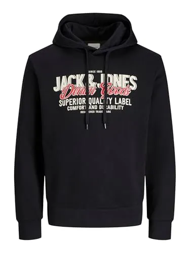 Jack & Jones Kapuzensweatshirt JJELOGO SWEAT HOOD 2 COL 25/26 NOOS schwarz M (50) - Herren-Sweatshirt aus 70% Baumwolle, modischer Print und pflegeleichtes Material, ideal für lässige Outfits.