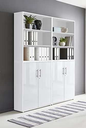 Schrankwand TABOR 11 Büroregal Aktenschränke Büroschrank abschließbar in diversen Farbvarianten (weiß/weiß Hochglanz)