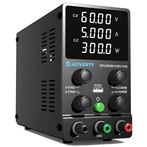 Jesverty Labornetzteil, Jesverty Labornetzteil DC Regelbar Netzgerät(60 V, 5 A) mit hochpräzisem 4-stelligem LED-Display, 5 V/2 A USB-Port-Testleitungsausgang, grobe und feine Einstellungen SPS-6005N