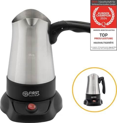 TZS FIRST AUSTRIA Kaffeebereiter 350ml - French Press aus Edelstahl, 800W Mokkakocher mit rutschfestem Klappgriff für perfekten Espresso und einfachen Gebrauch.