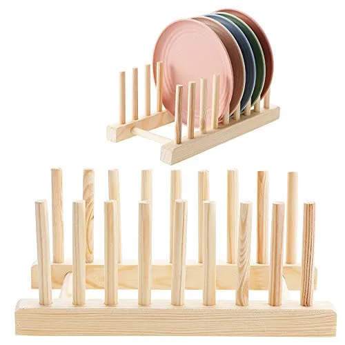 Kinsinder 2 Stück Tellerständer Abtropfgestell Bambus Geschirrabtropfgestell, Tellerhalter Holz, Abtropfgestell Holz Plate Holder für Teller, Tassen, Topfdeckel (Helle Holzfarbe-8 Steckplätze)