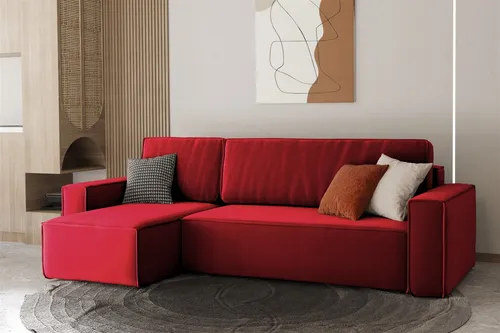 Ecksofa Schlafsofa MARIS Rot mit Ottomane Links - Modernes Ecksofa mit Schlaffunktion für bis zu 4 Personen. Ideal für gemütliche Abende im Wohnzimmer. Robuster Stoff und elegantes Design sorgen für Komfort und Stil.