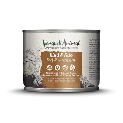 Venandi - Premium Nassfutter für Katzen - Rind Und Pute, 1 x 200g 1er Pack, Getreidefrei mit Extra Viel Fleisch