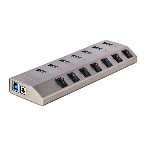 StarTech.com 7-Port USB 3.0 Hub mit Netzteil - USB-Hub mit 7 Anschlüssen und individuellen Ein/Aus Schaltern für effizientes Energiemanagement und Datenschutz, ideal für externe Geräte und schnelles Laden.