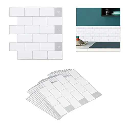 Relaxdays Fliesenaufkleber 10er Set, 3D Subway Design - Fliesenaufkleber für Küche & Badezimmer, selbstklebend und wieder ablösbar. Mit glänzender 3D-Oberfläche setzen Sie stilvolle Akzente. Maße je Paneel: 30,5 x 30,5 cm.