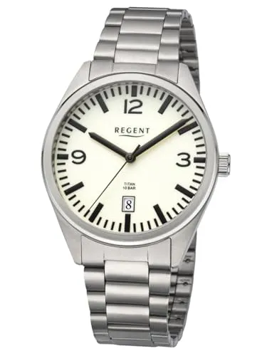 REGENT F-1606 Herrenuhr Titan silberfarben 40 mm mit Mineralglas, Quarzwerk, Datum, 10 ATM, Titanband mit Drückerfaltschliesse