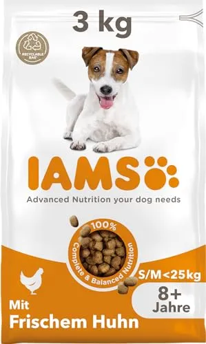 IAMS Senior Hundefutter trocken mit Huhn - Trockenfutter für ältere Hunde ab 8 Jahre, geeignet für kleine und mittelgroße Hunde, 3 kg