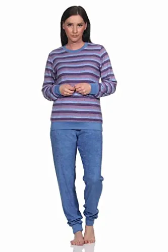Normann Damen Frottee Schlafanzug - Elegantes Streifendesign in Blau-Melange, Größe 36-38 - Kuscheliger Frottee Schlafanzug für die kalte Jahreszeit, ideal für hohen Tragekomfort dank Bündchen. Erhältlich auch in Übergrößen, zertifizierte Qualität nach OEKOTEX.