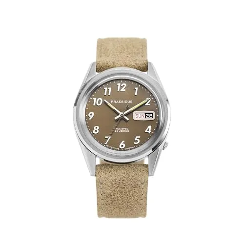 PRAESIDUS Armbanduhren für Herren, Feld, Militär – Gehäuse 38 mm, montiert in den USA, automatisch, Geschenk, Khaki-Braun – Sandfarbenes Lederarmband im Used-Look, Militär