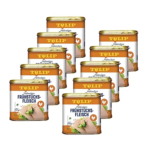 TULIP Hähnchen-Frühstücksfleisch 340g - Praktische, recycelbare Konserve mit 80% leckerem Hähnchenfleisch. Ideal für ein schnelles Frühstück oder als Snack. Schmeckt köstlich und ist vielseitig einsetzbar.
