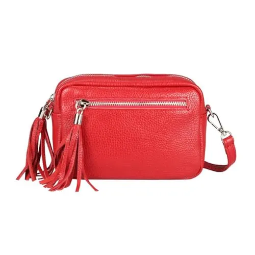 OBC Made in Italy Damen Leder Tasche Umhängetasche Schultertasche Beuteltasche Cross-Over Cross Bag Glattleder Schmucktasche Fransen Ledertasche (Rot)
