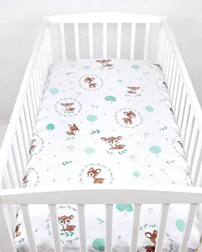 BABYLUX Baby Spannbettlaken für Kinderbett - 100% Baumwolle,60x120 / 70x140 cm weich und bequem, passend für alle Standardmatratzen, (120. Wald REH, 60x120cm)