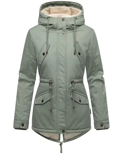 MARIKOO Damen Winterjacke Manolya in Smokey Mint, Gr. XL - Funktionsjacke mit kuscheligem Teddyfutter und modischen kupferfarbenen Details, ideal für kalte Wintertage und vielseitig kombinierbar.