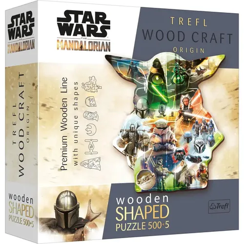Trefl Puzzle 20169 - Star Wars: The Mandalorian - 500 Teile Holzpuzzle mit Grogu-Motiv, ideal für Star Wars-Fans ab 12 Jahren. Umweltfreundliche Verpackung und einzigartige, unregelmäßige Holzteile sorgen für ein besonderes Puzzle-Erlebnis.