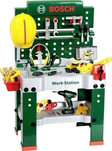 Theo Klein 8469 Bosch Work-Station mit Schraubfahrzeug - Kunststoffspielzeug mit 81 Teilen, ideal für kleine Handwerker. Fördert Kreativität und motorische Fähigkeiten, Maße: 61 x 44 x 101 cm.