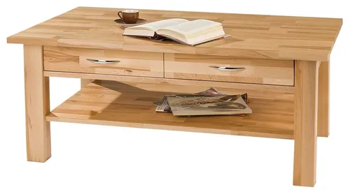 Home4You Couchtisch aus massiver Kernbuche - Eleganter Couchtisch 110 x 70 cm mit 2 Schubladen und Ablage, ideal für stilvolle Wohnzimmer und zusätzlichen Stauraum.