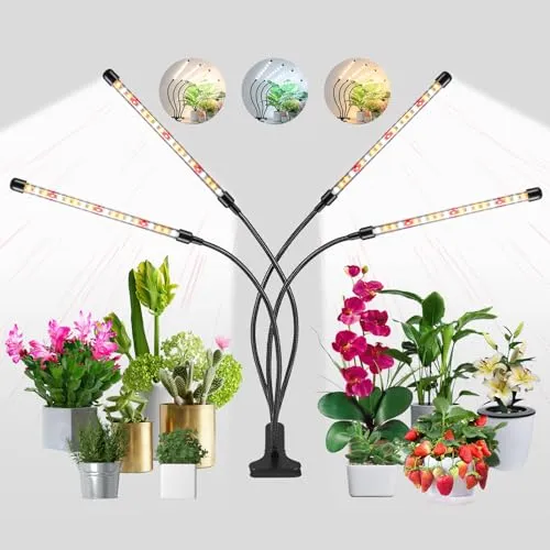 Vollspektrum LED Clip-Pflanzenlampe, 360° einstellbarer Schwanenhals 4-Röhren für Zimmerpflanzen, 3/9/12h Auto-Timer, 10 Dimmstufen & 3 Spektralmodi