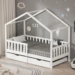 ML-DESIGN Kinderbett Hausbett 80x160cm - Verspieltes Hausbett aus massivem Kiefernholz mit 2 Schubkästen für praktischen Stauraum. Ideal für Kinder bis 8 Jahre, inklusive robustem Lattenrost und Rausfallschutz.
