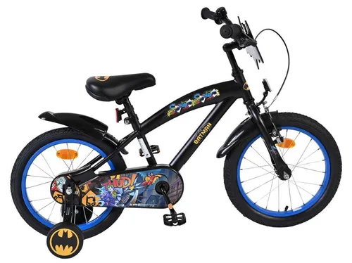 Batman Kinderfahrrad 16 Zoll - Jungen - Schwarz mit blauen Akzenten - Lerne Fahrradfahren mit dem coolen Batman 16 Zoll Kinderfahrrad! Ausgestattet mit Handbremse, Rücktrittbremse und abnehmbaren Stützrädern für Sicherheit und Komfort. Höhenverstellbarer Sattel und Lenker sorgen für lange Freude!