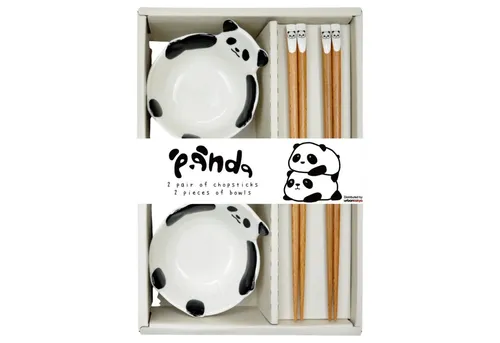 Dark-Desires Essstäbchen Panda-Genießer-Set für Zwei – 2 Paar Essstäbchen & 2 Keramikschalen