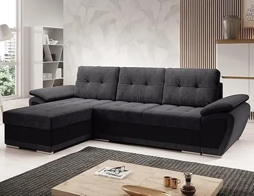 MODERNO Enzo Ecksofa mit Schlaffunktion Sofa Couch L-Form Schlafsofa mit Bettkasten Schlafcouch Wohnlandschaft Moderne Wohnzimmermöbel Eckcouch Steppsofa Schwarz Grau