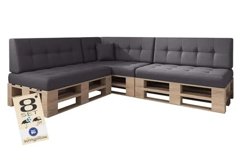 sunnypillow Palettenkissen 8er Set 120 x 80 Grey - Gartenmöbelauflagen, UV-beständig und wasserabweisend – verwandeln Sie Ihre Paletten in gemütliche Sitzgelegenheiten mit hohem Komfort!