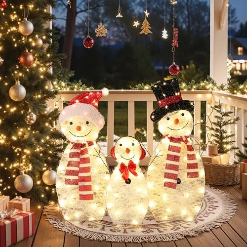 Hometopia LED Schneemann Deko, Leuchtende Weihnachtsdeko Figuren für Innen und Außen, 3er-Set