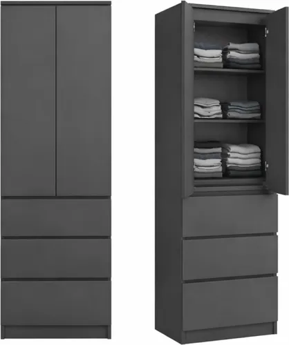 Home Collective 2-türiger Kleiderschrank mit Schubladen – Praktischer Stauraum in Anthrazit - Kompakter Kleiderschrank mit zwei Türen, 3 Einlegeböden und 3 Schubladen. Ideal für Schlafzimmer, Flur oder Büro. Pflegeleicht und modern im Design.