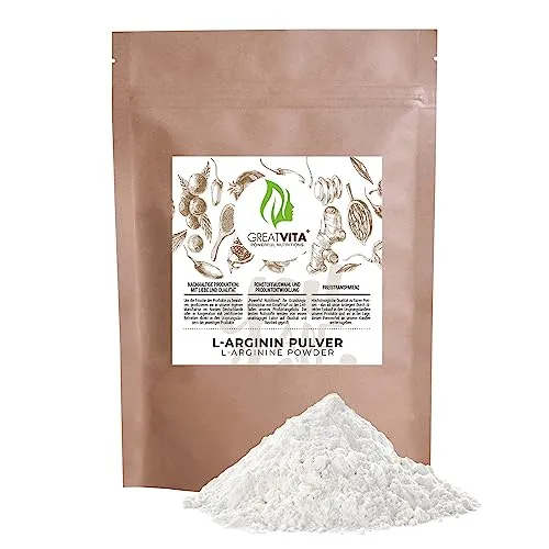 GreatVita L-Arginin Base Pulver 400g - hochdosiert | Premium Qualität made in Germany | Ohne HCL und rein pflanzlich - Aminosäure-Nahrungsergänzungsmittel | GreatVita