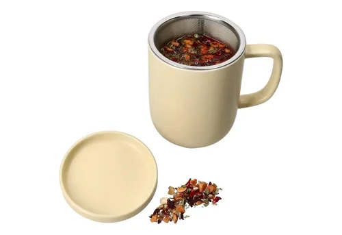 Ritzenhoff & Breker Becher Ritzenhoff Jasper Vanille Teebecher mit Teesieb & Deckel 300ml, Steingut