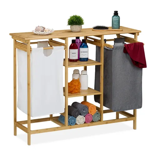 Wäschekorbregal – Ausziehbarer Wäschesammler in Hellbraun - Praktisches Wäschekorbregal aus Bambus, 100 cm breit, ideal für drinnen. Integrierter Wäschekorb und freistehende Montage bieten eine platzsparende Lösung für Ihr Badezimmer.