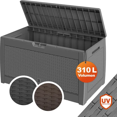 CASARIA Gartenbox Rato 108647 - Wetterfeste Auflagenbox aus Kunststoff - Auflagenbox aus witterungsbeständigem Kunststoff in Rattanoptik, mit 310 Litern Stauraum und praktischem Klappdeckel für sichere Aufbewahrung von Gartengeräten und mehr.
