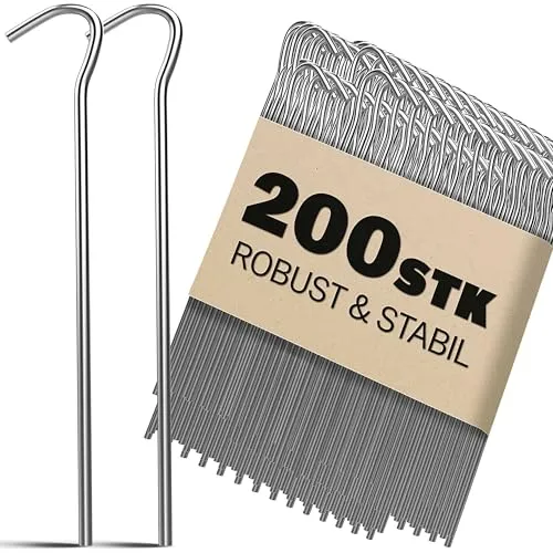 200 verzinkte Stahlheringe 20 x 3 cm - Ideal für Zeltanker und Erdanker - Vielseitige Heringe für Camping und Outdoor-Aktivitäten. Robuste, rostresistente Erdnägel aus verzinktem Stahl, ideal für verschiedene Bodenarten. Einfache Anwendung mit Gummihammer.