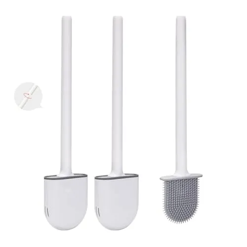 Klobürste Silikon, 2 Stück WC Bürste Silikon und Behälter, Wandmontage silikon Toilettenbürste mit Schnell Trocknendem Halter & Gumminoppen, Flexible Toilettenbürste für Badezimmer oder Gäste-WC, Weiß