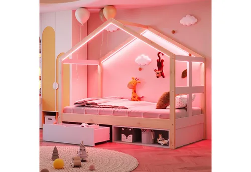 Redom Hausbett Eiche mit LED-Beleuchtung, 90x190 cm - Modernes Einzelbett in Hausform für Kinderzimmer, inklusive Stauraum und mehrfarbiger LED-Beleuchtung. Robust aus Kiefer und MDF, ideal für eine gemütliche Atmosphäre.