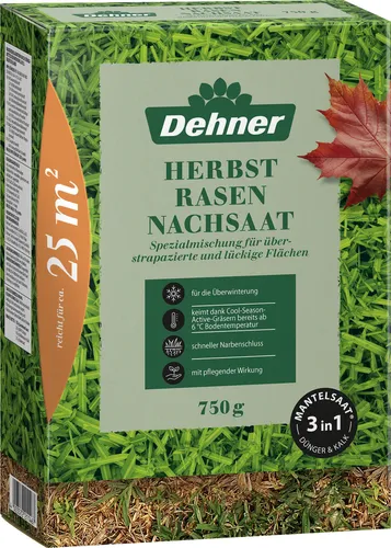 Produktbild Dehner Saatgut Herbst-Nachsaat, hochwertige Mantelsaat für dichten und regenerierten Rasen, schnell keimend / nährstoffreich / robust, ideal zur Auffrischung nach dem Sommer, 750 g für ca. 25 m²