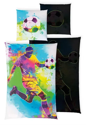 Fussball Bettwäsche Glow in the Dark - 135x200 cm für Kinder - Leuchtende Kinder-Bettwäsche aus 100 % Baumwolle mit 10 Spielen für kreative Abenteuer und erholsame Nächte. Ideal für kleine Fussballfans!