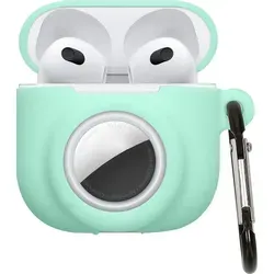 kwmobile 2-in1 Hülle kompatibel mit Apple Airpods 4 - Kopfhörer Case kompatibel mit Airtag - Weiches Silikon Cover - Schutzhülle mit Karabiner - - Grün