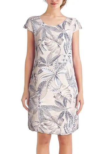 PEKIVESSA Leinenkleid Knielang mit floralem Muster Kurzarm Beige 46 (XXXL)