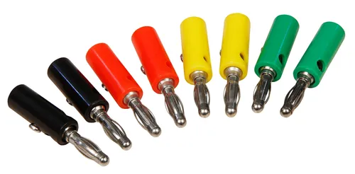 Bananenstecker-Set 4mm - 8-teilig in 4 Farben - Audiokabel-Stecker mit Querloch und Druckfeder, ideal für flexible Verbindungen und einfache Handhabung.