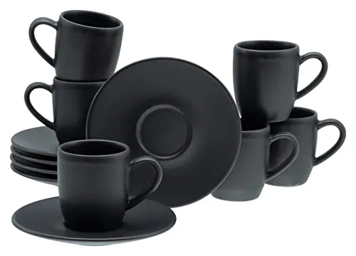 CreaTable Espressotasse Soft Touch Black - 12-teiliges Set - Thermobehälter aus hochwertigem Steinzeug, spülmaschinengeeignet und ideal für stilvolle Kaffeepausen, inklusive 6 Tassen und 6 Untertassen.