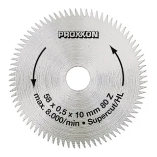 Proxxon 28014 Kreissägeblatt Super-Cut, Ø 58 mm - Kreissägeblätter für Tischgeräte KS 230 und FET, perfekt für schnelle und saubere Schnitte in Hart-, Weichholz, Pertinax und Kunststoff dank 80 scharfen Zähnen.